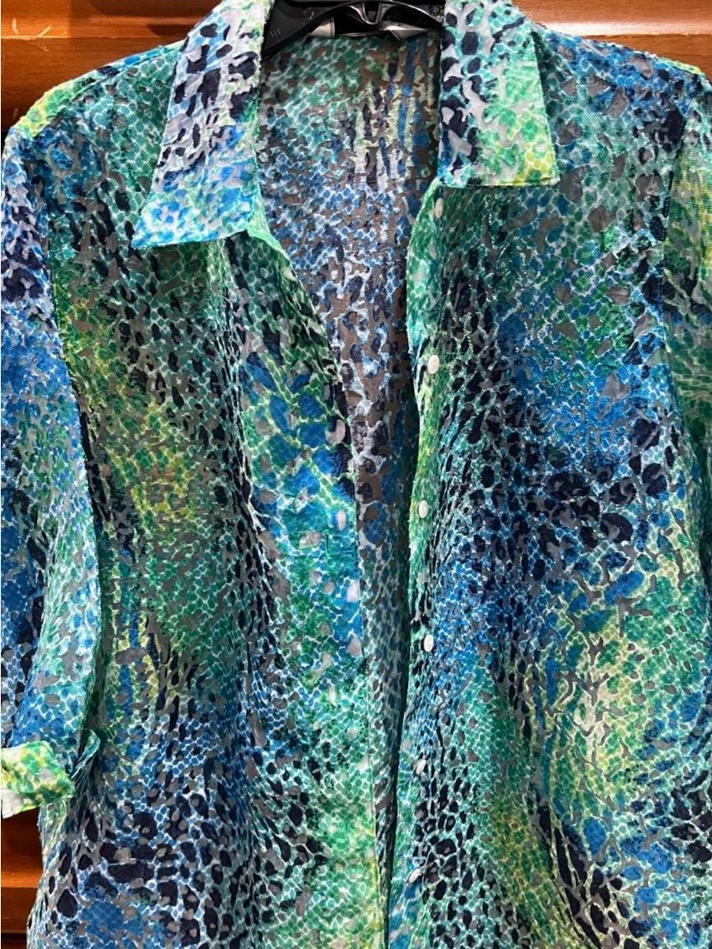 Allison Daley Blue-Green Sheer Reptile-Print Blouse
